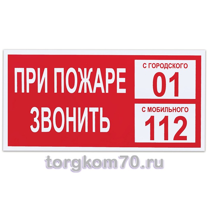 При пожаре звонить 01 Знак вспомогательный "При пожаре звонить 01", прямоугольник, 300х150 мм. — изображение 1